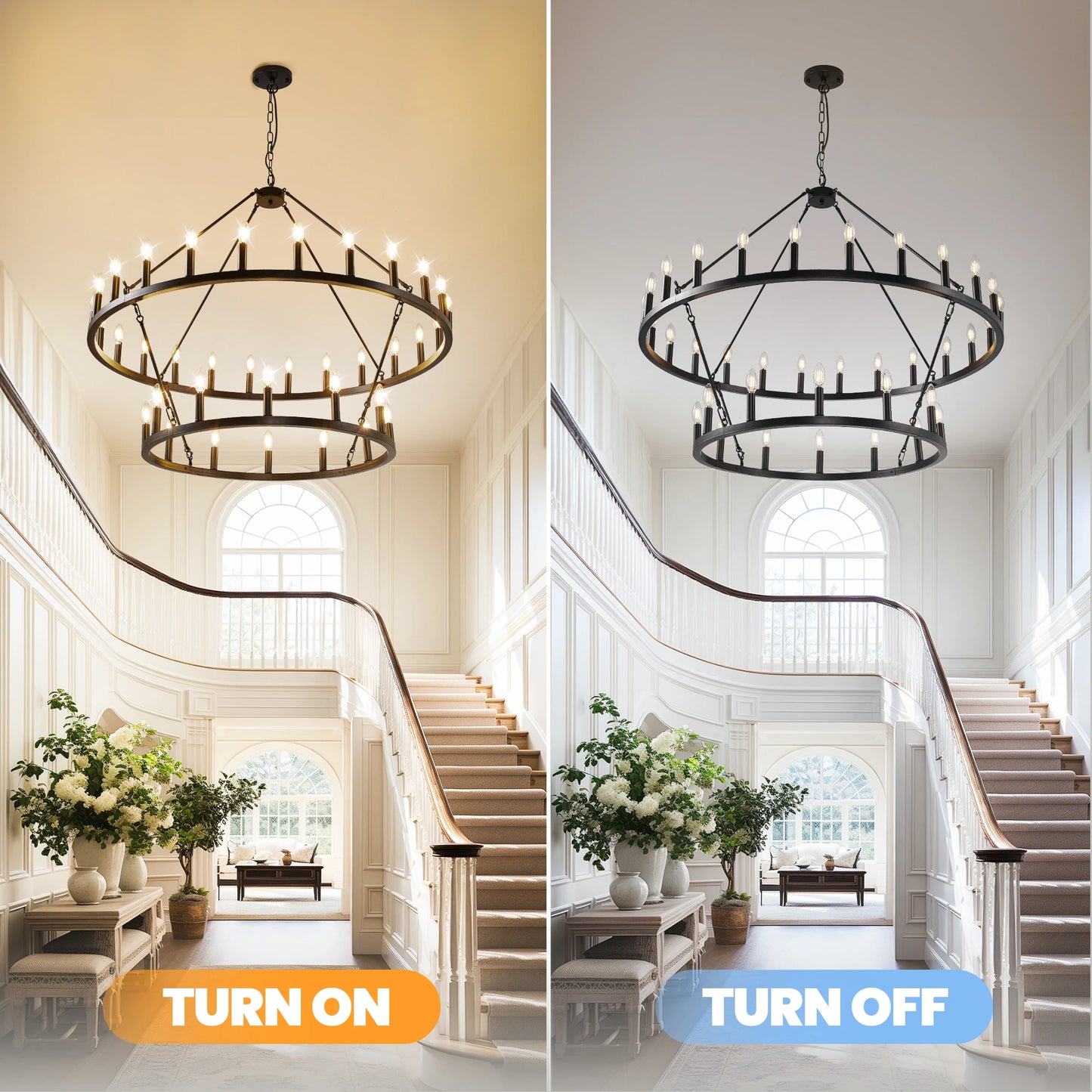 47'' Extra Large Wagon Wheel Chandelier 2 Tier 36-Lights Farmhouse Pendant Light Fixture Hanging Lighting for High Ceiling