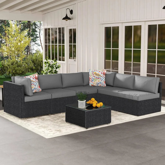 7-Piece Outdoor Patio Furniture Set, Outdoor Couch - Handwoven All-Weather Rattan & 4” Thick Waterproof Cushions,