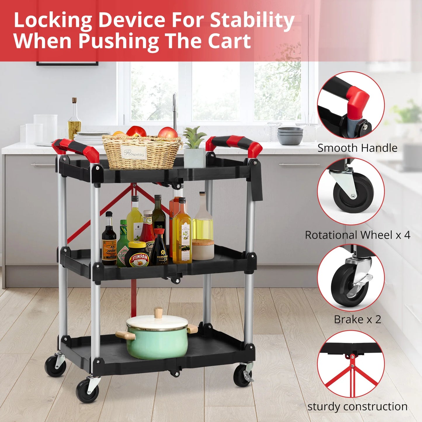 3 Tier Rolling Cart, 167Lbs Foldable Utility Service Cart with Lockable Wheels  for Warehouse Garden Office Kitchen