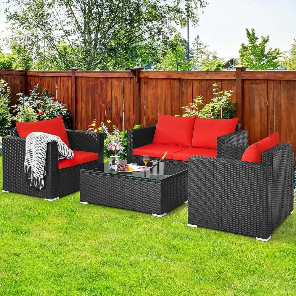 4-Piece Patio Rattan Furniture Set,Cushioned Sofa Chair,Loveseat and Coffee Table with Tempered Glass Top for Garden Poolside