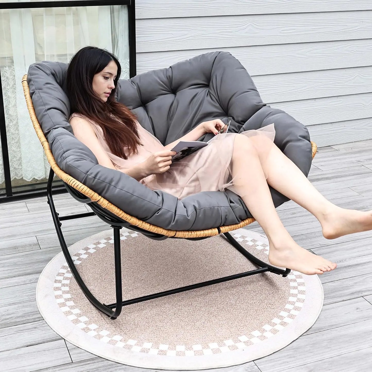 Outdoor Egg Rocking Chair, Indoor Papasan Rocking Chair with Thick Cushion, Modern Lounge Rocker for Balcony, Living Room