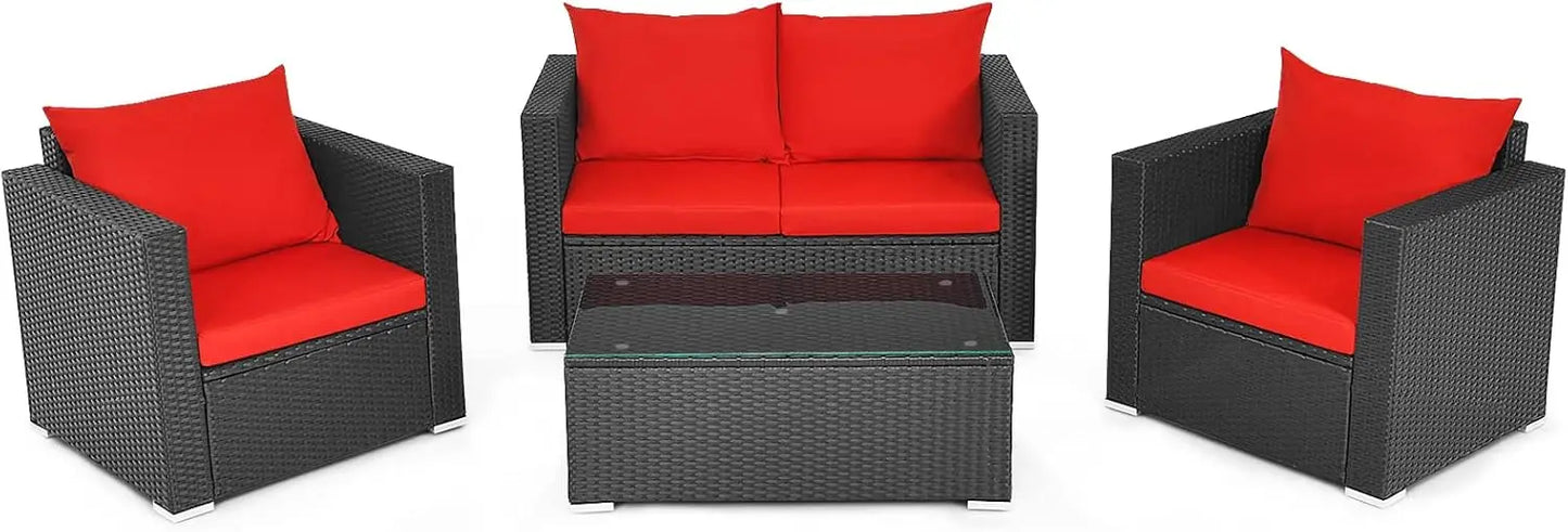 4-Piece Patio Rattan Furniture Set,Cushioned Sofa Chair,Loveseat and Coffee Table with Tempered Glass Top for Garden Poolside