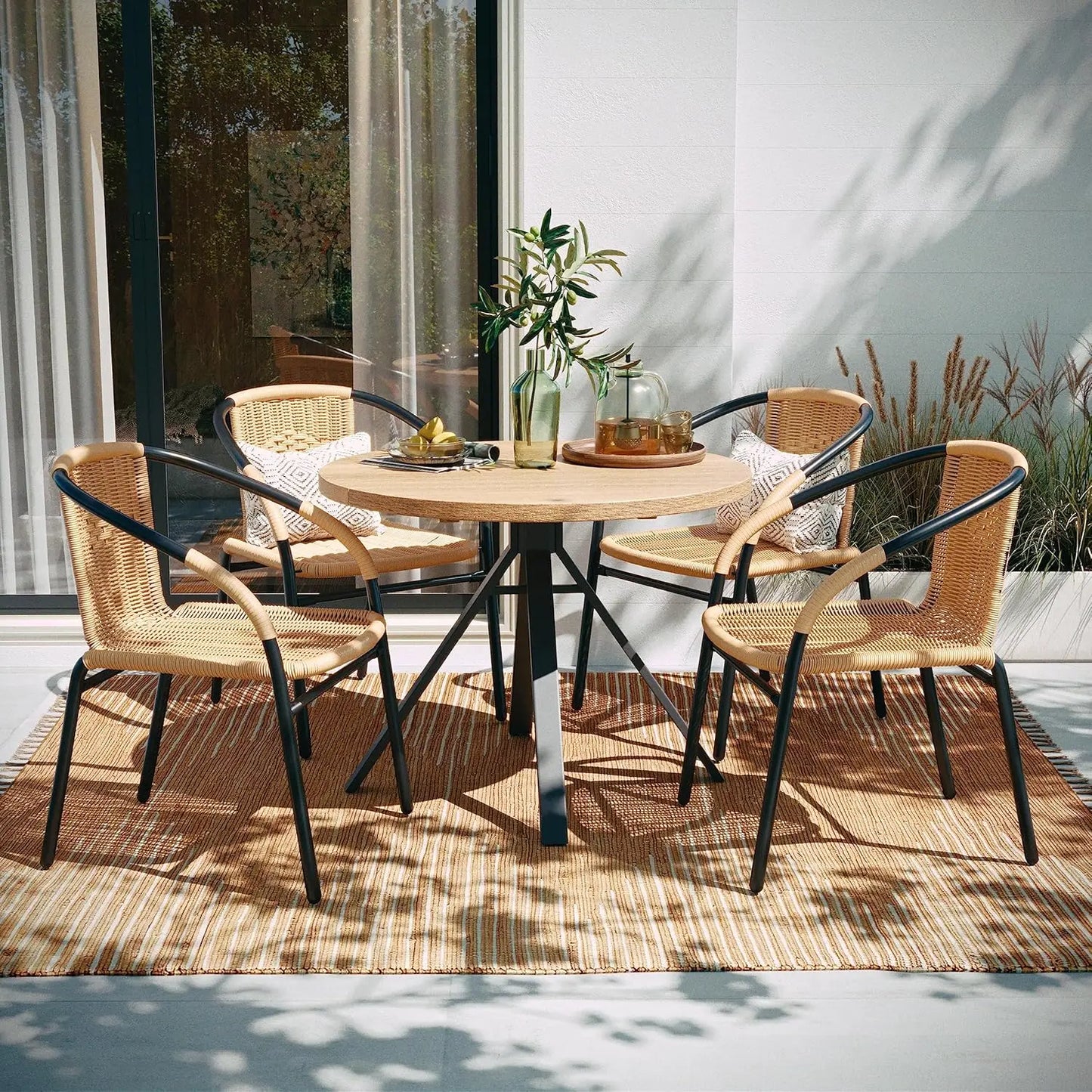 4 Pack Beige Patio Dining Sets, Indoor-Outdoor Restaurant Stack Chair with Curved Back, Patio Dining Sets