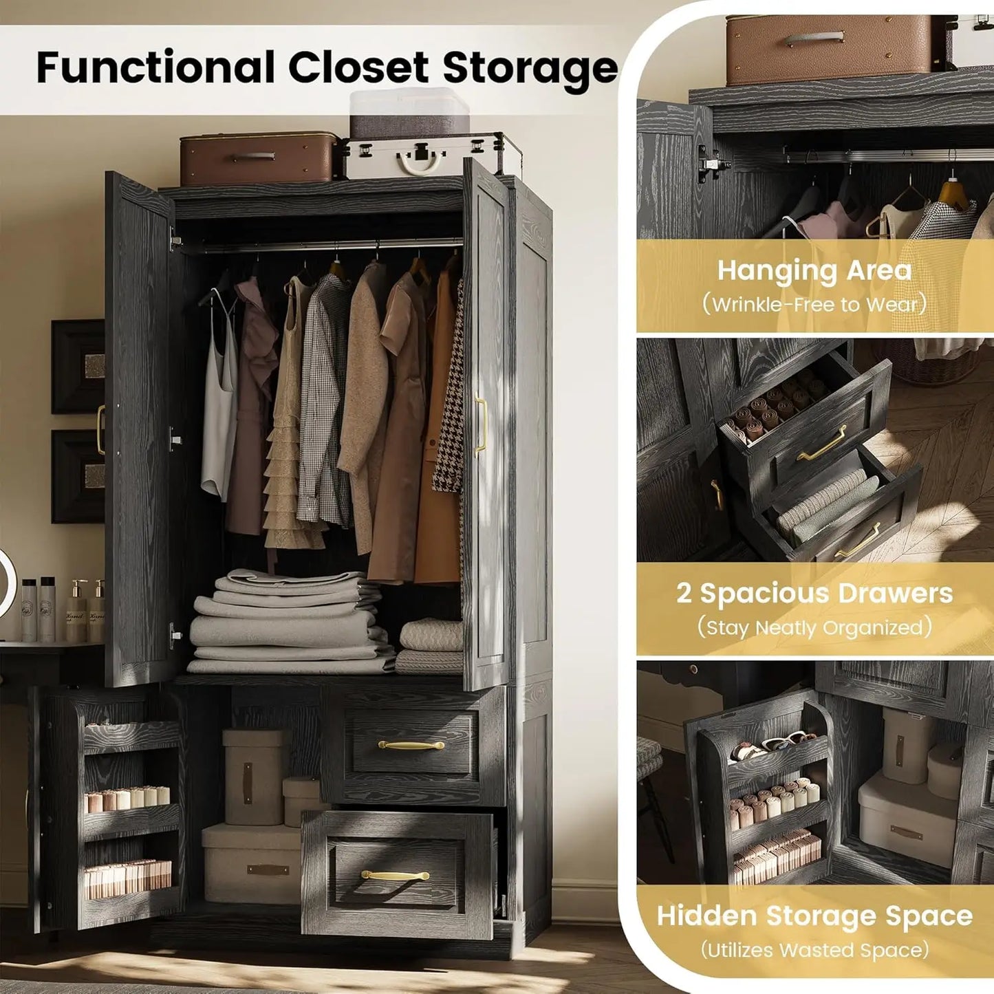 71.1" H Wooden Closet with 2 Doors and Hanging Rod for Hanging Clothes, Tall Bedroom Freestanding Armoire Storage Cabinet, Black