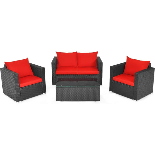 4-Piece Patio Rattan Furniture Set,Cushioned Sofa Chair,Loveseat and Coffee Table with Tempered Glass Top for Garden Poolside
