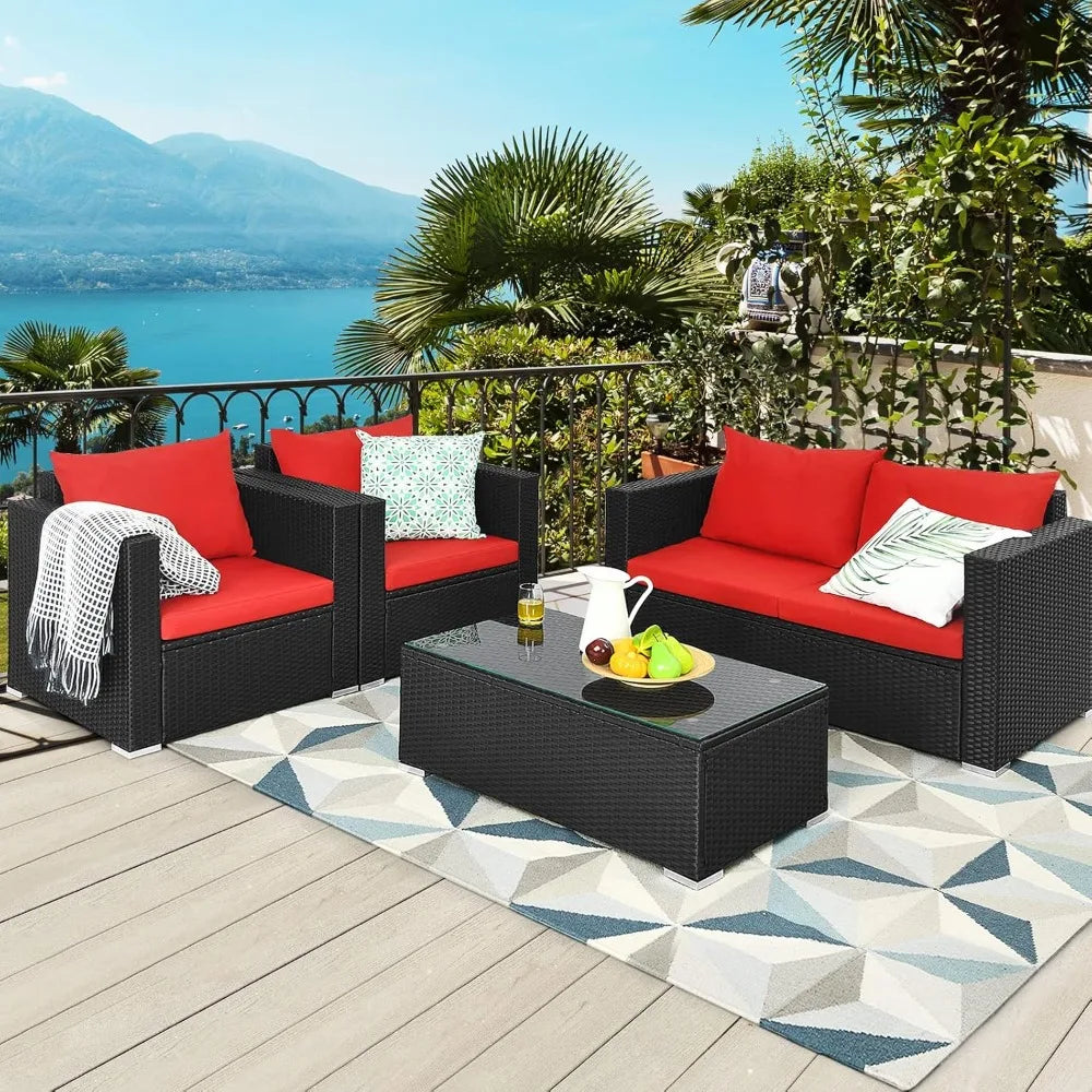 4-Piece Patio Rattan Furniture Set,Cushioned Sofa Chair,Loveseat and Coffee Table with Tempered Glass Top for Garden Poolside