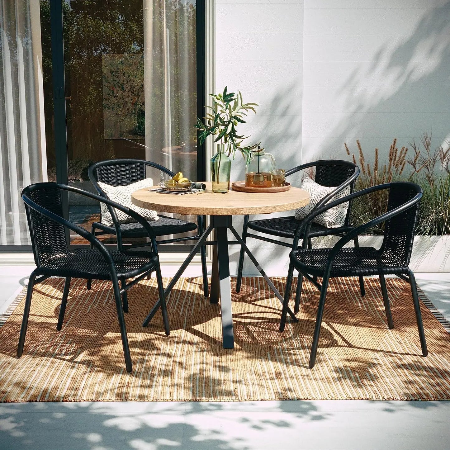4 Pack Beige Patio Dining Sets, Indoor-Outdoor Restaurant Stack Chair with Curved Back, Patio Dining Sets