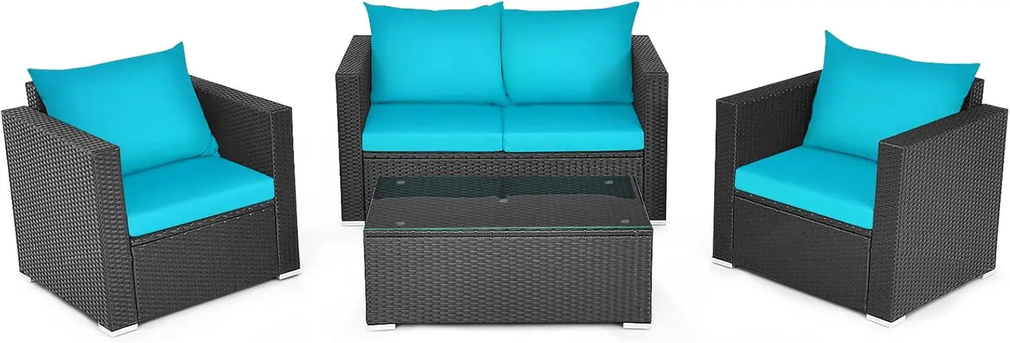 4-Piece Patio Rattan Furniture Set,Cushioned Sofa Chair,Loveseat and Coffee Table with Tempered Glass Top for Garden Poolside
