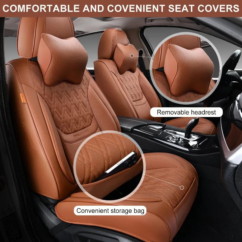 Covers Full Set, Breathable Leather Automotive Front and Rear Seat Covers & Headrest, Universal Automotive Vehicle Seat